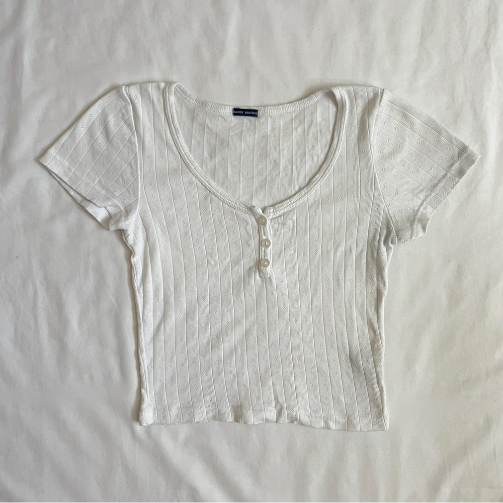 Brandy Melville Zelly Eyelet Short Sleeve Top | White Cropped Buttons Size OS